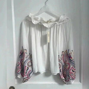 Ramy Brook White Carly Embroidered Off the Shoulder Boho Top New W/Tag $345 S